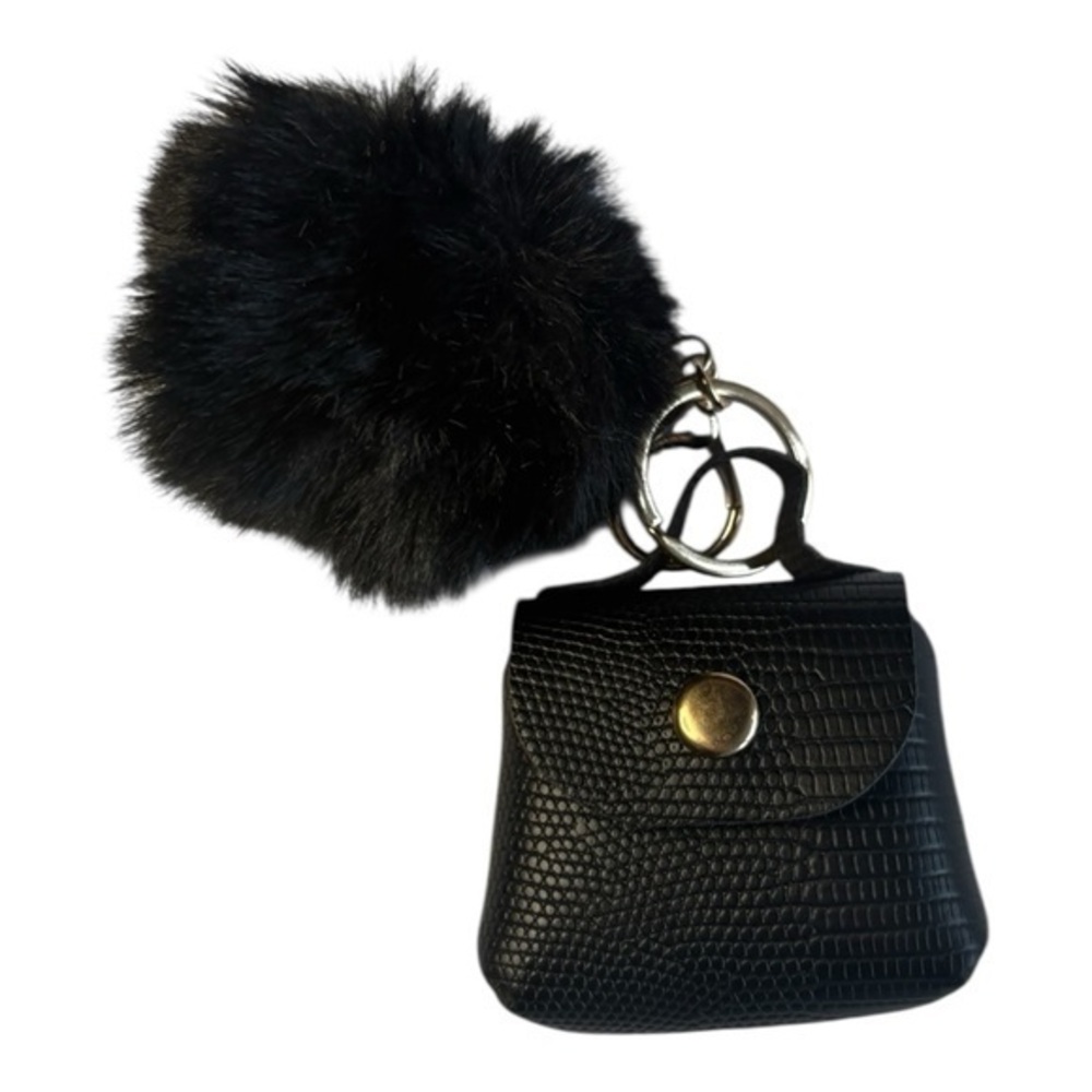3/$25 Black Textured Keychain Pouch with Pom Pom Bag Charm